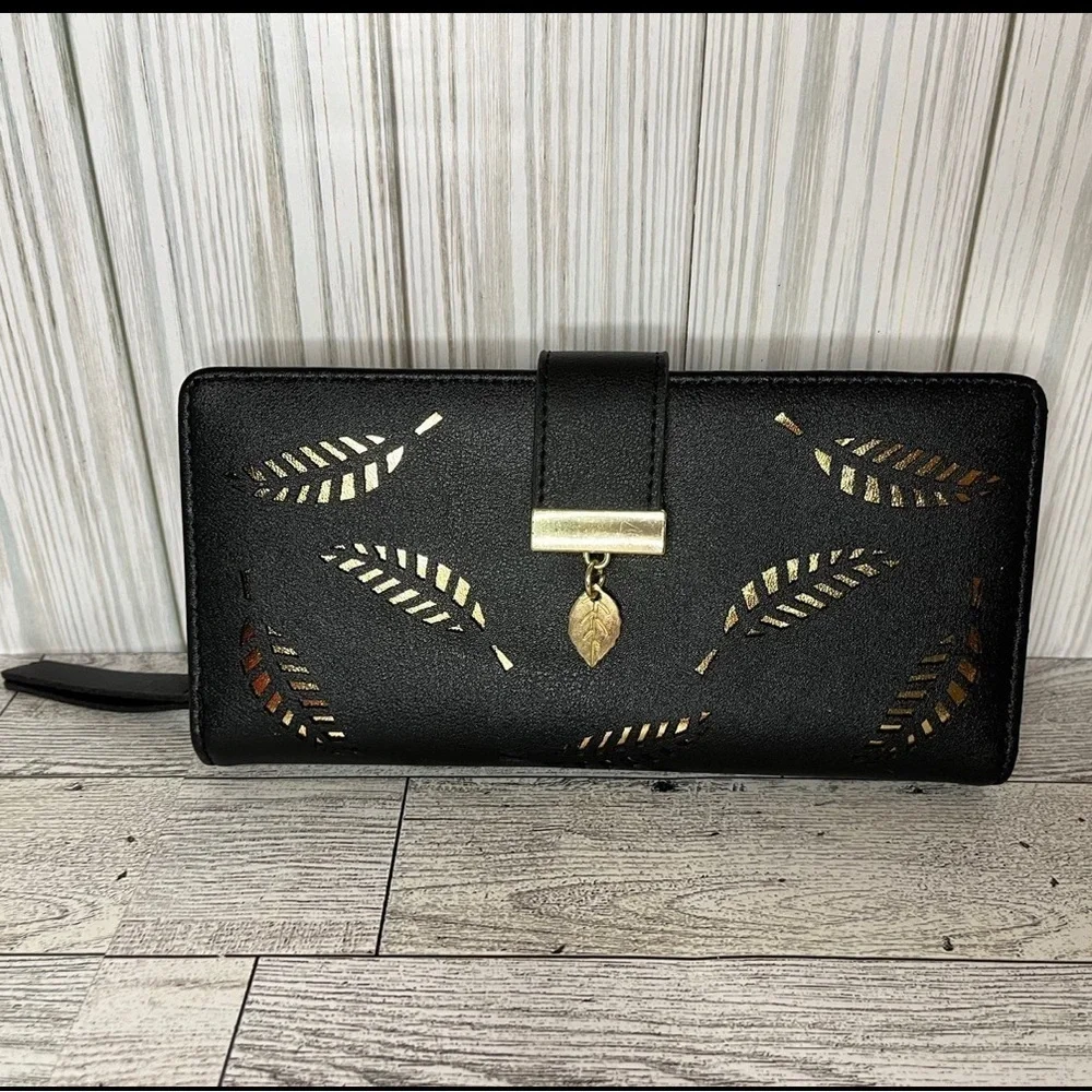 Black Long Wallet Golden Leaves Elegant Clutch NWT